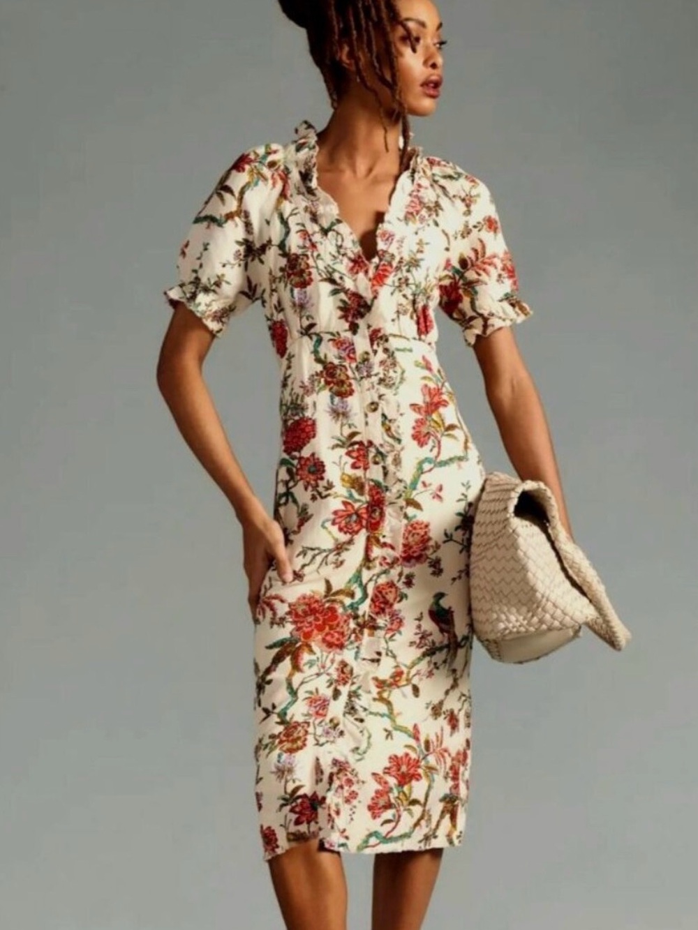 Pilcro Cream Floral Ruffled Midi Dress